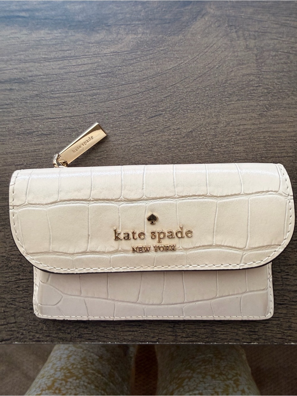 kate spade Cream Croc-Embossed Mini Wallet with Gold Hardware